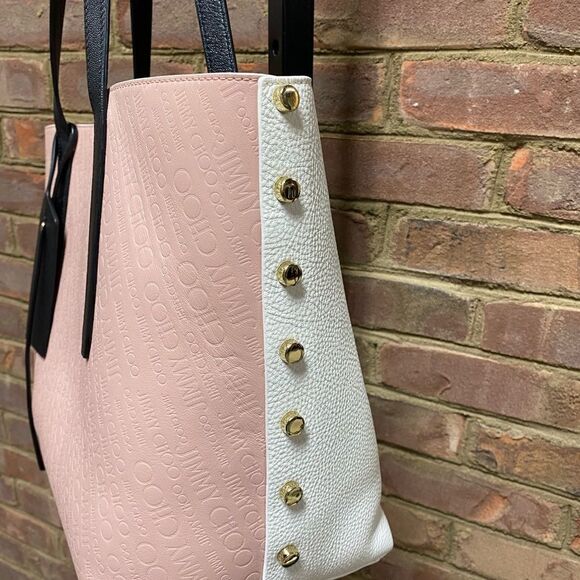 Jimmy Choo East-West Blush & Off White Logo Embossed Leather Twist Tote Bag - Picture 3 of 14